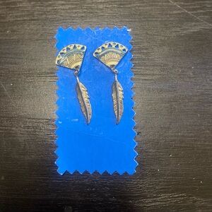 Southwest tribal print earrings with silver feather dangle